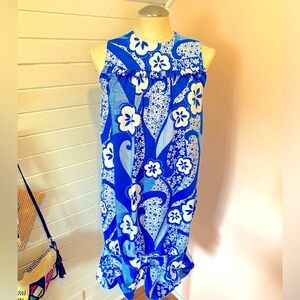 ‘Likeke’ Vintage Hawaiian Dress, 1960s, Royal Blue, White, Size Small